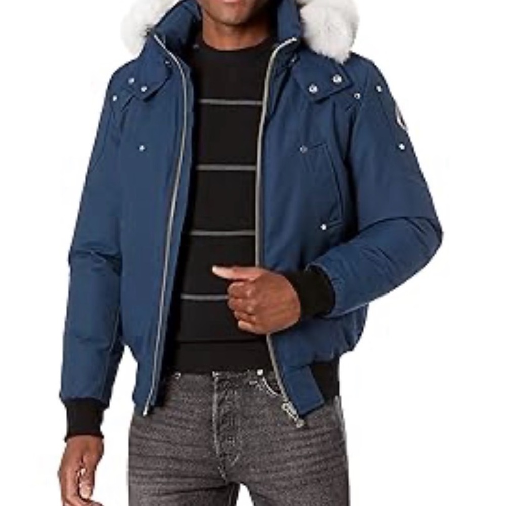 Moose Knuckles Navy Puffer Jacket with White Fur Hood